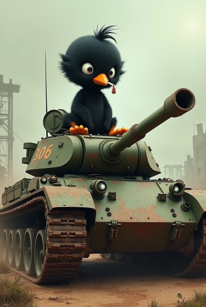 La vraie représentation de Calimero dans un tank en train de fumer une cigarette dans un monde post apocalyptique avec le numéro 306 écrit sur le tank