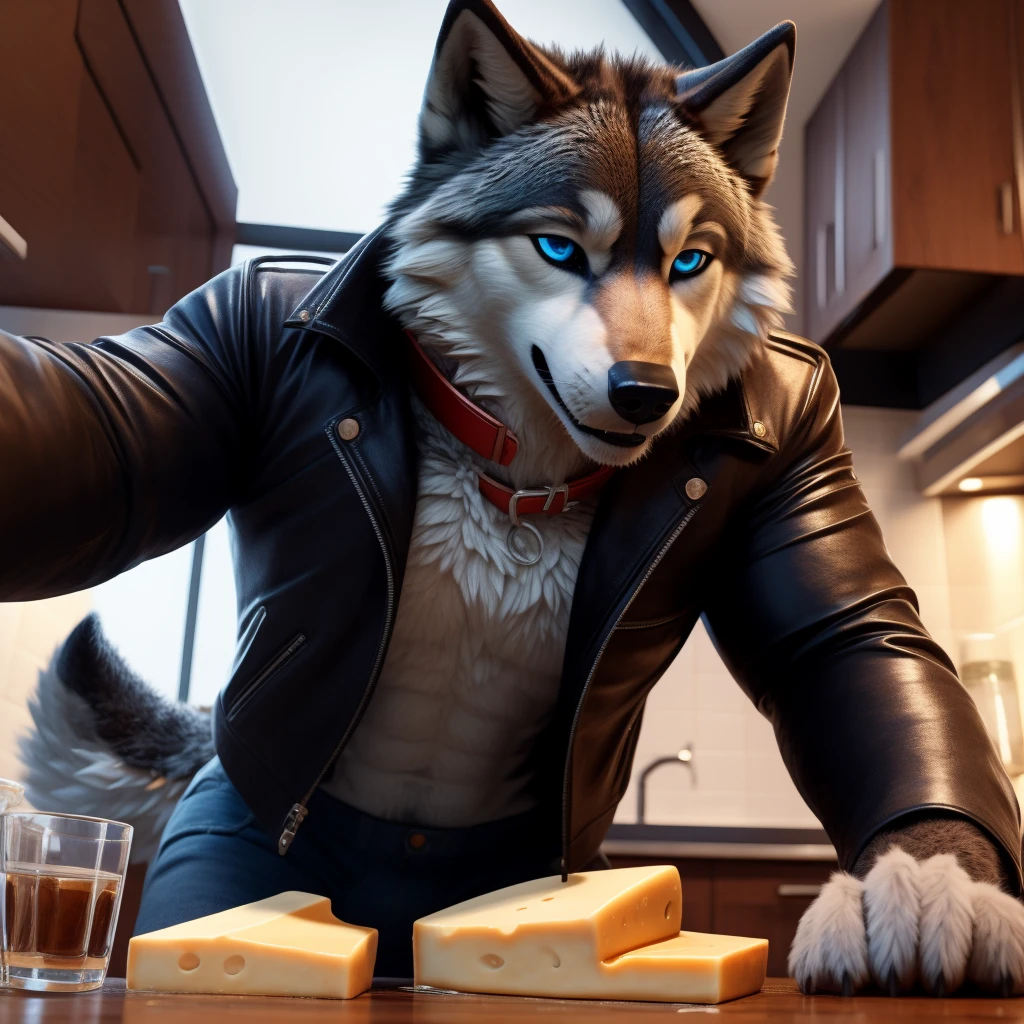 Sexy Posing, 1Male, 30 years old, cute, eyeliner, bedroom eyes, lip biting smile, black leather jacket, anthro, wolf ears, wolf, kitchen background, 8k, hi res, (best quality, masterpiece), (wolf tail:1.5), detailed fur, solo, red collar, blue jeans, blue eyes. dynamic angle, ultra-detailed, realistic, Eating cheese, seductive