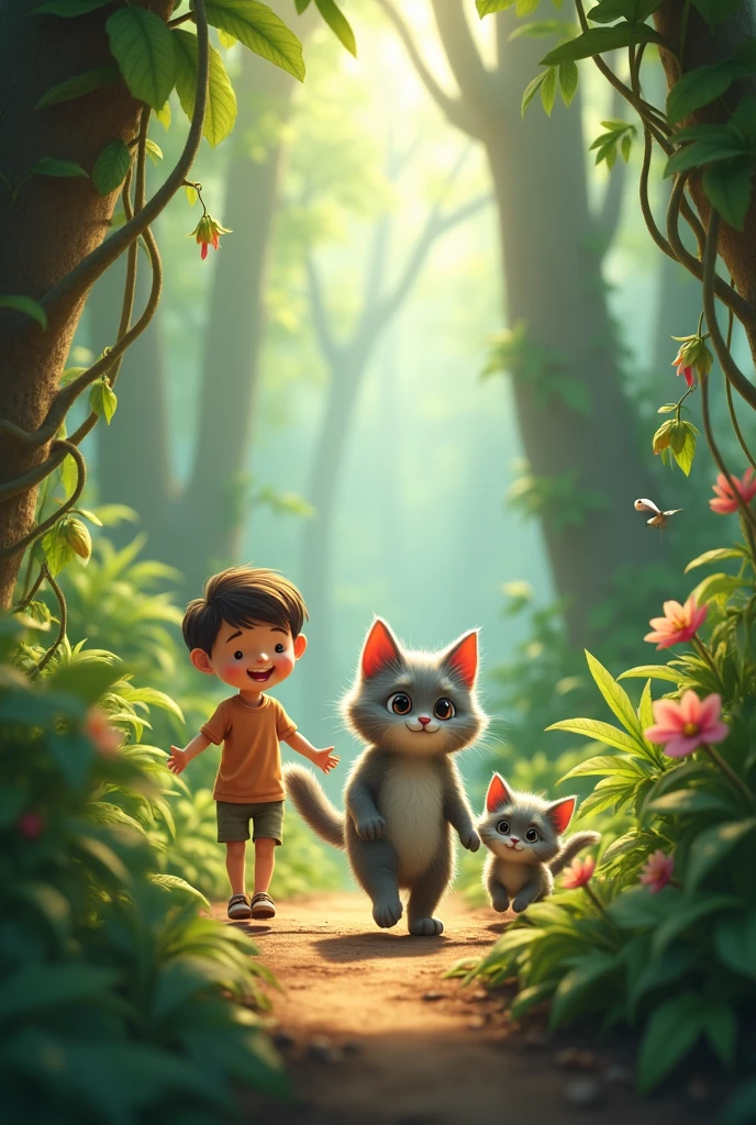 Grey cute cat with her kitten walking in green jungle white human kid happily towards kids home