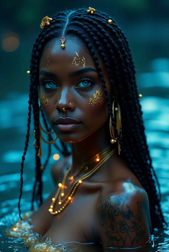 A mesmerizing and ethereal woman emerges from the water, her glowing blue eyes capturing the viewer's attention with an intense and otherworldly gaze. Her deep, rich skin is adorned with intricate golden tattoos that shimmer under the moonlight, creating a striking contrast against the dark, rippling water that surrounds her. The golden jewelry she wears—hoop earrings, layered necklaces, and a nose ring—glows softly, adding to her mystical allure.
Her long, braided hair is intricately styled, with small gold beads and accessories woven throughout, reflecting the light and enhancing her regal appearance. The water gently laps around her, creating ripples that mirror the soft light of the night sky, adding to the tranquil yet enigmatic atmosphere.
The lighting is soft and moody, with a deep blue hue that envelops the scene, highlighting the serene and magical quality of the setting. The background is blurred and dark, allowing her radiant figure and the glowing elements to remain the focal point, creating an image that is both intimate and awe-inspiring.
Close-up shot, slightly angled, with soft, moody lighting that enhances the mystical and ethereal elements of the scene. The overall mood is one of serene mystery, focusing on the interplay of light, water, and the character's striking features. ((best quality:1.6)), ((high details:1.5)), ((mystical atmosphere:1.4)), ((ethereal beauty:1.3)), ((UHD:1.5)), ((cinematic:1.4))