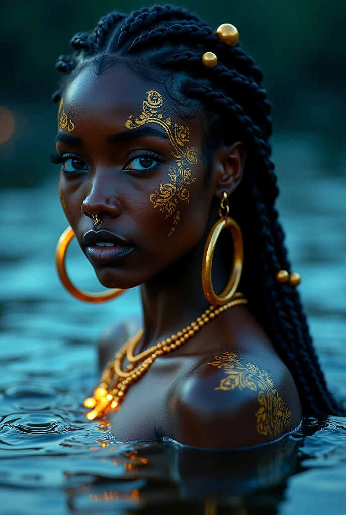 A mesmerizing and ethereal woman emerges from the water, her glowing blue eyes capturing the viewer's attention with an intense and otherworldly gaze. Her deep, rich skin is adorned with intricate golden tattoos that shimmer under the moonlight, creating a striking contrast against the dark, rippling water that surrounds her. The golden jewelry she wears—hoop earrings, layered necklaces, and a nose ring—glows softly, adding to her mystical allure.
Her long, braided hair is intricately styled, with small gold beads and accessories woven throughout, reflecting the light and enhancing her regal appearance. The water gently laps around her, creating ripples that mirror the soft light of the night sky, adding to the tranquil yet enigmatic atmosphere.
The lighting is soft and moody, with a deep blue hue that envelops the scene, highlighting the serene and magical quality of the setting. The background is blurred and dark, allowing her radiant figure and the glowing elements to remain the focal point, creating an image that is both intimate and awe-inspiring.
Close-up shot, slightly angled, with soft, moody lighting that enhances the mystical and ethereal elements of the scene. The overall mood is one of serene mystery, focusing on the interplay of light, water, and the character's striking features. ((best quality:1.6)), ((high details:1.5)), ((mystical atmosphere:1.4)), ((ethereal beauty:1.3)), ((UHD:1.5)), ((cinematic:1.4))