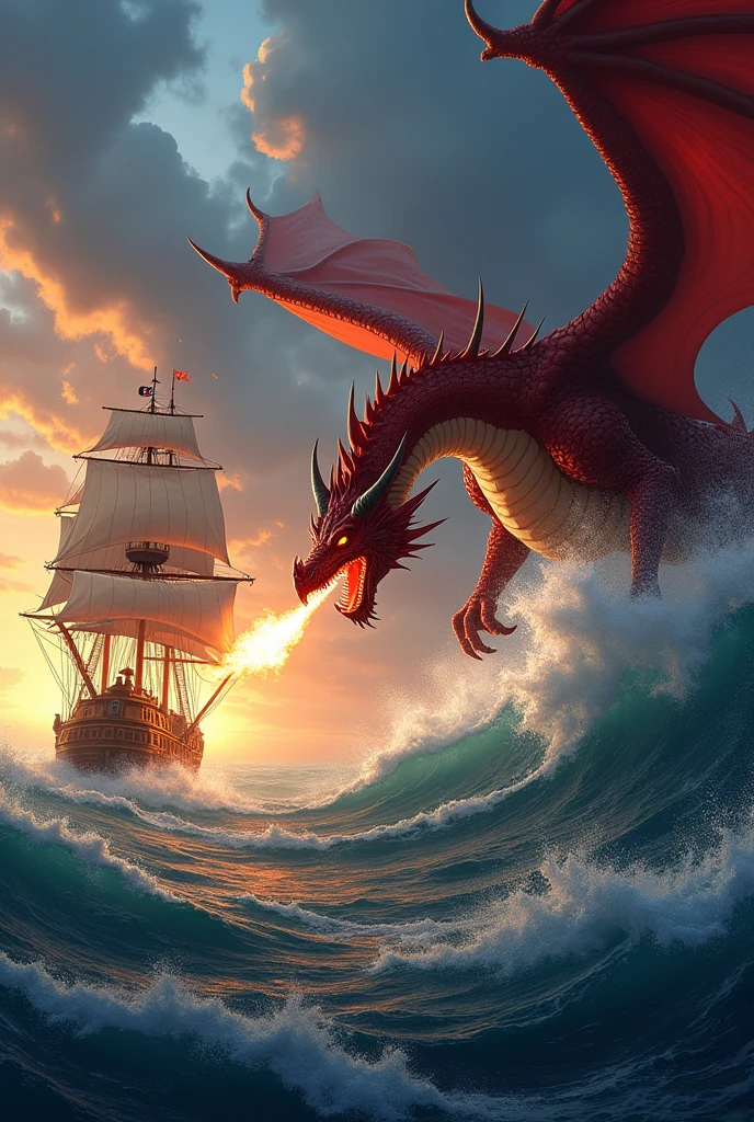 Make a picture on the medieval theme a red dragon battling with a blue sail pirate ship at sea.