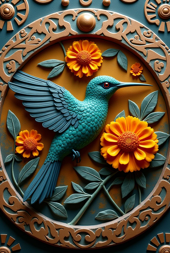 Round medal of a pre-Hispanic hummingbird with Mayan culture motifs around it and with a marigold flower under its beak and wings.