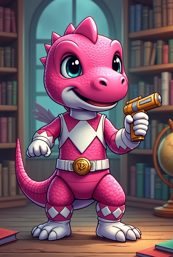 A cute Dinosaur as the pink power ranger in cartoon style before a library background