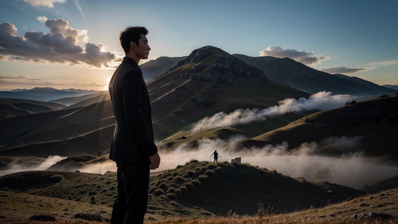 It creates an image of a beautiful landscape, in the foreground the silhouette of a full-body man.
