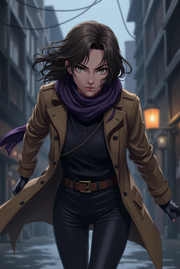 Anime style rogue ,medium long brown wavy hair ,dark purple teathered scarf ,brown trenchcoat