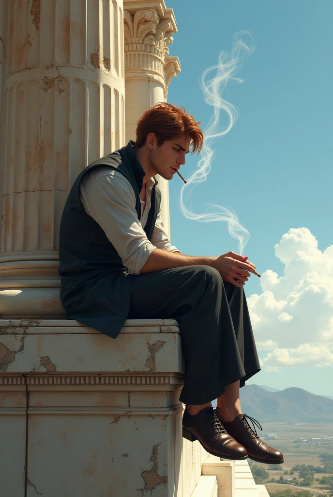 Twin brother of the red-haired Greek woman with dark blue eyes smoking while sitting on the edge of a temple
