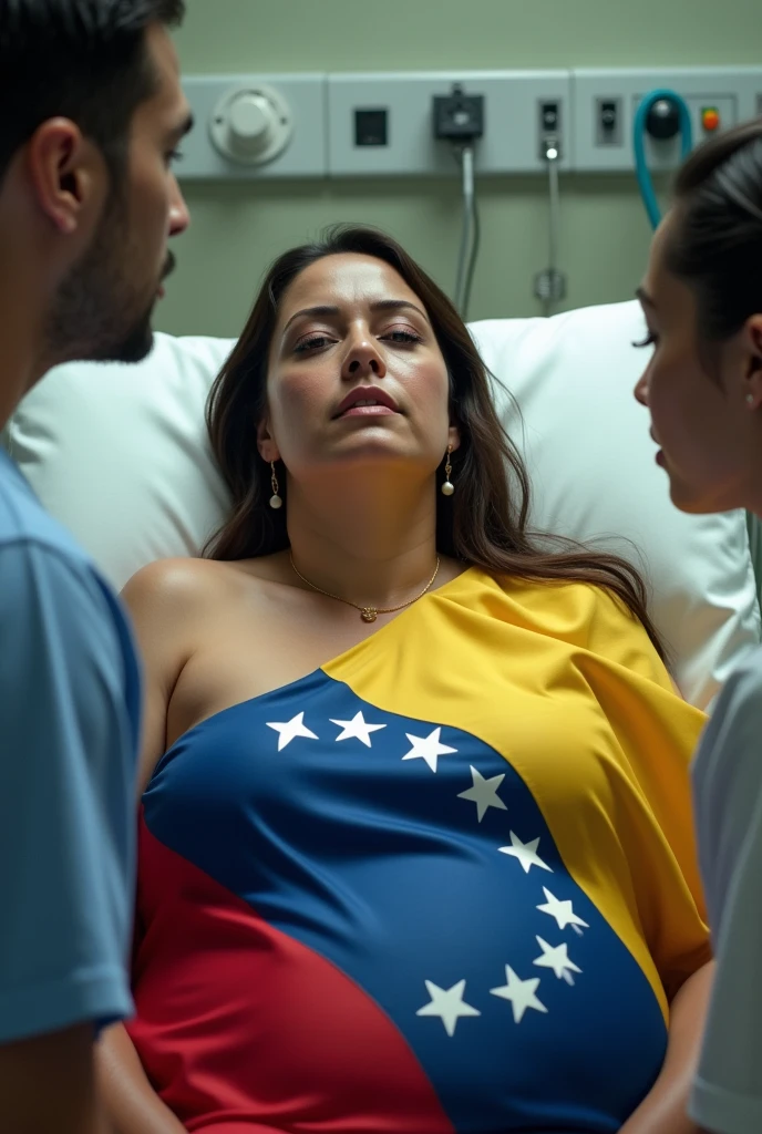 Woman dressed in Venezuelan flag in delivery room giving birth