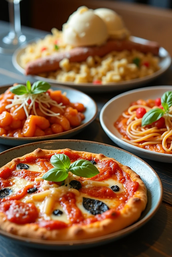 Appetizing close-ups of typical dishes, like pizza, pasta, risotto and italian ice cream