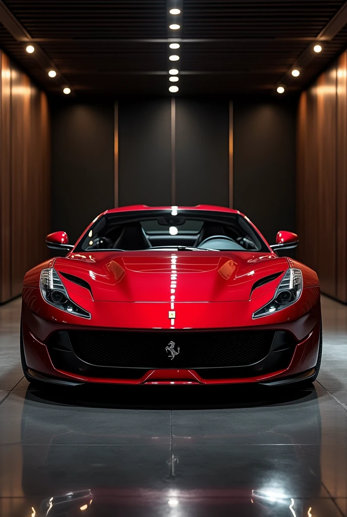 Makes a Ferrari 812 front in a dark luxury garage