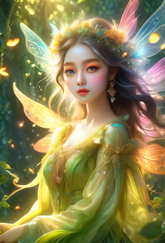 1 ethereal fairy, beautiful detailed eyes, beautiful detailed lips, extremely detailed face and features, delicate fairy wings, intricate fantasy costume, flowing ethereal dress, magical glowing aura, surrounded by glowing fireflies, vibrant colorful fantasy landscape, (best quality, 4k, 8k, highres, masterpiece:1.2), ultra-detailed, (realistic, photorealistic, photo-realistic:1.37), cinematic lighting, dramatic colors, fantasy art