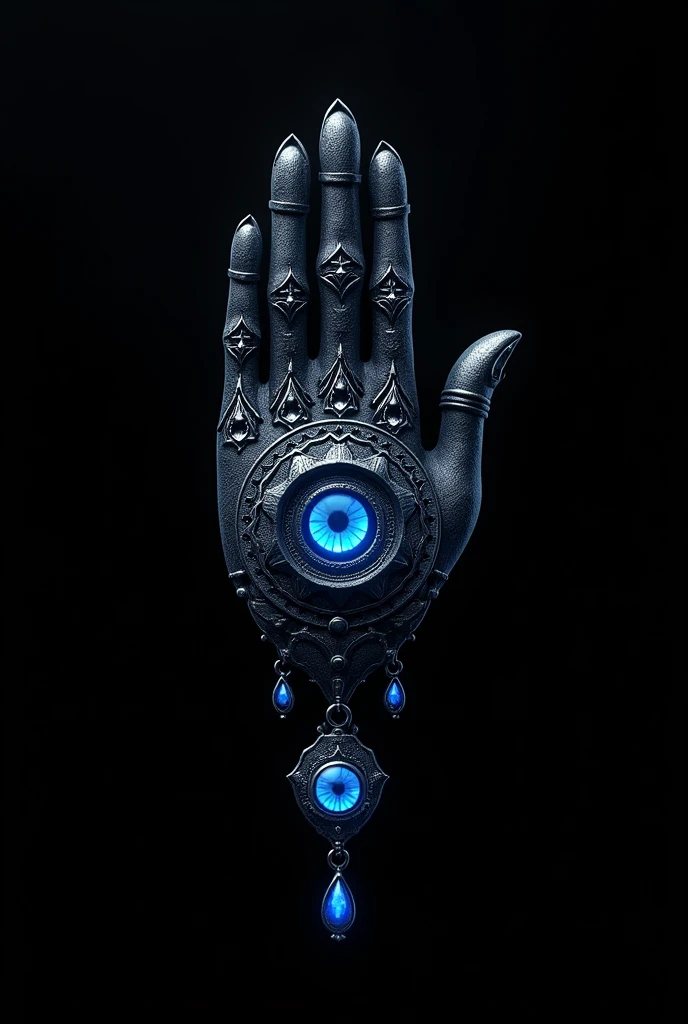 Wallpaper of hand of Fatima with blue Turkish eyes necklace on black background