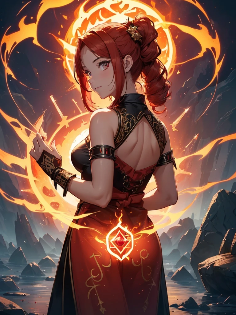 (((best quality, sharp image, clear image, cinematic lighting, 8k resolution, masterpiece, ultra detailed, intricate))) Girl, (((looking over shoulder))), shot from behind, ((half shot)), fire mage, cute, fiery red hair, pigtails in hair, (intricate dress), (white dress), ribbons in hair, smiling, fiery red, ((intricate Portal background)), ((fire magic)), candles, ((glowing runes on skin)), (flame patterns), ((fiery lotus flowers)), busy background., ((fire sigils)), (rock formations), Exploding rock, lavafalls, gauntlets, ((Red rubies)), busy background.