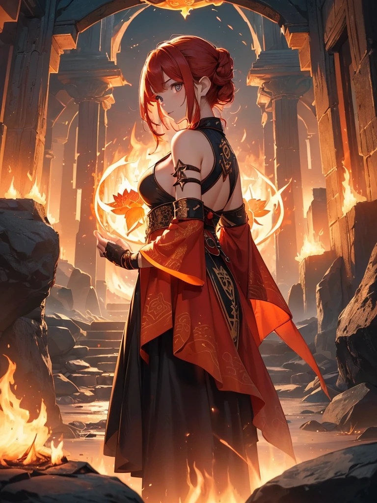 (((best quality, sharp image, clear image, cinematic lighting, 8k resolution, masterpiece, ultra detailed, intricate))) Girl, (((looking over shoulder))), shot from behind, ((half shot)), fire mage, cute, fiery red hair, pigtails in hair, (intricate dress), (white dress), ribbons in hair, smiling, fiery red, ((intricate Portal background)), ((fire magic)), candles, ((glowing runes on skin)), (flame patterns), ((fiery lotus flowers)), busy background., ((fire sigils)), (rock formations), Exploding rock, lavafalls, gauntlets, ((Red rubies)), busy background.