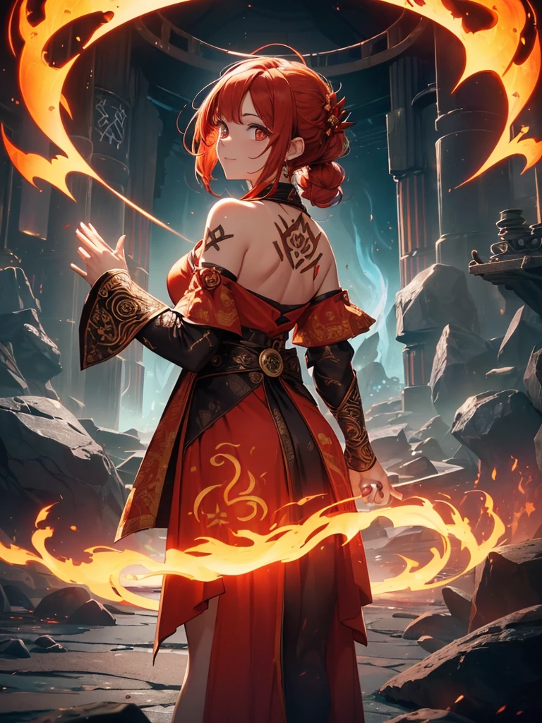 (((best quality, sharp image, clear image, cinematic lighting, 8k resolution, masterpiece, ultra detailed, intricate))) Girl, (((looking over shoulder))), shot from behind, ((half shot)), fire mage, cute, fiery red hair, pigtails in hair, (intricate dress), (white dress), ribbons in hair, smiling, fiery red, ((intricate Portal background)), ((fire magic)), candles, ((glowing runes on skin)), (flame patterns), ((fiery lotus flowers)), busy background., ((fire sigils)), (rock formations), Exploding rock, lavafalls, gauntlets, ((Red rubies)), busy background.