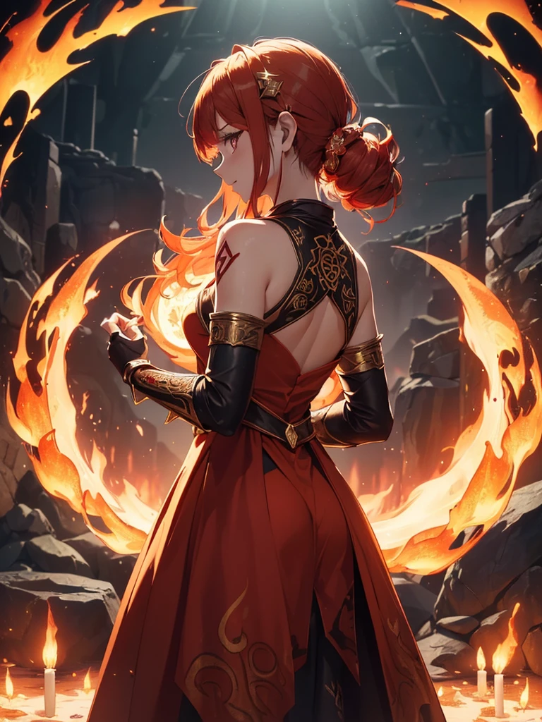 (((best quality, sharp image, clear image, cinematic lighting, 8k resolution, masterpiece, ultra detailed, intricate))) Girl, (((looking over shoulder))), shot from behind, ((half shot)), fire mage, cute, fiery red hair, pigtails in hair, (intricate dress), (white dress), ribbons in hair, smiling, fiery red, ((intricate Portal background)), ((fire magic)), candles, ((glowing runes on skin)), (flame patterns), ((fiery lotus flowers)), busy background., ((fire sigils)), (rock formations), Exploding rock, lavafalls, gauntlets, ((Red rubies)), busy background.