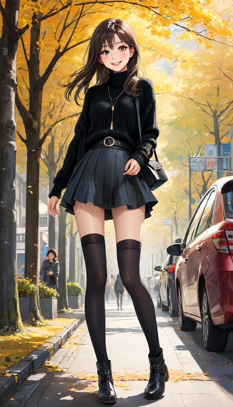 1girl in, 24 year old,（8-head body:2.0）,（beauty legs:2.0),(Refreshing smile:1.2),(Look at viewers:1.1）,straight haired, Long hair, （hide one's hands:2.0） 、(Medium Large Breath:1.2)、turtleneck knit, pendant,circle belt（Black tight skirt:1.5）,（Black stockings）,long boots, (a japanese girl, Gravure Idol), (Street Trees:1.2), put hands on hips,