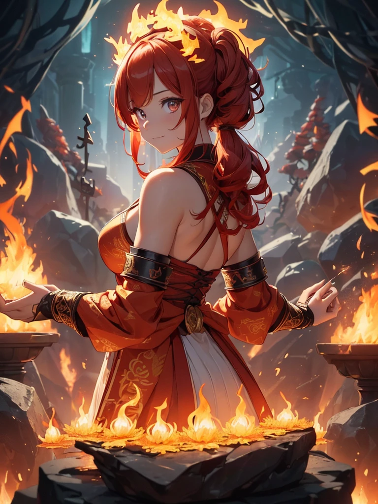 (((best quality, sharp image, clear image, cinematic lighting, 8k resolution, masterpiece, ultra detailed, intricate))) Girl, (((looking over shoulder))), shot from behind, ((half shot)), fire mage, cute, fiery red hair, pigtails in hair, (intricate dress), (white dress), ribbons in hair, smiling, fiery red, ((intricate Portal background)), ((fire magic)), candles, ((glowing runes on skin)), (flame patterns), ((fiery lotus flowers)), busy background., ((fire sigils)), (rock formations), Exploding rock, lavafalls, gauntlets, ((Red rubies)), busy background.