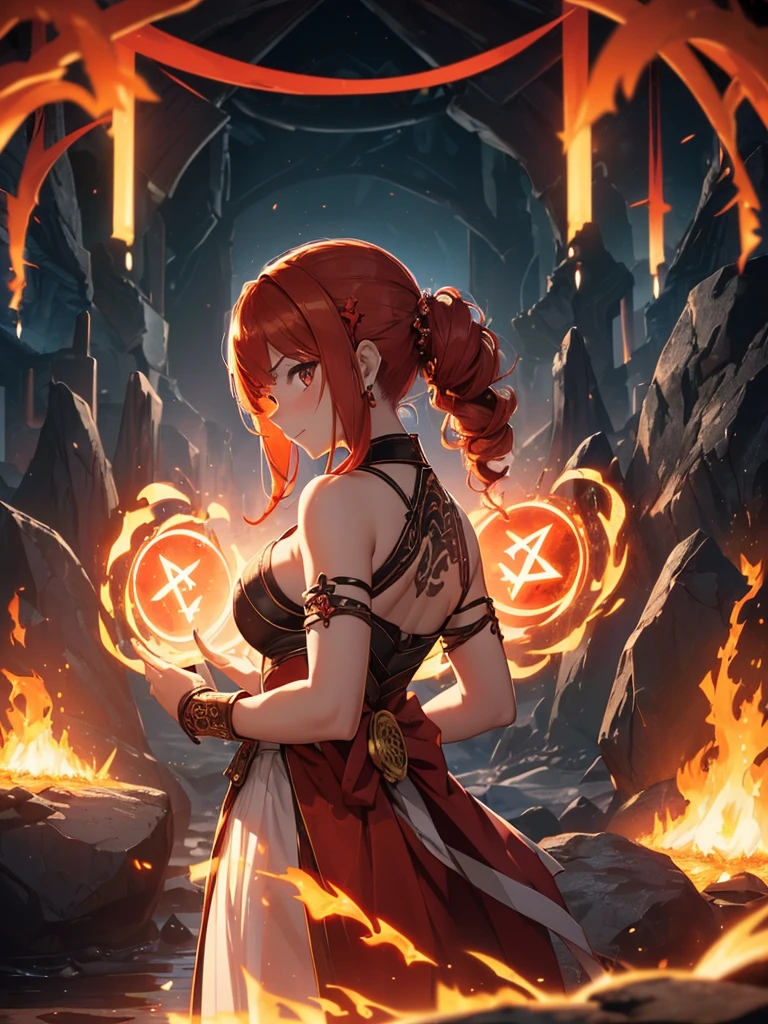 (((best quality, sharp image, clear image, cinematic lighting, 8k resolution, masterpiece, ultra detailed, intricate))) Girl, (((looking over shoulder))), shot from behind, ((half shot)), fire mage, cute, fiery red hair, pigtails in hair, (intricate dress), (white dress), ribbons in hair, smiling, fiery red, ((intricate Portal background)), ((fire magic)), candles, ((glowing runes on skin)), (flame patterns), ((fiery lotus flowers)), busy background., ((fire sigils)), (rock formations), Exploding rock, lavafalls, gauntlets, ((Red rubies)), busy background.