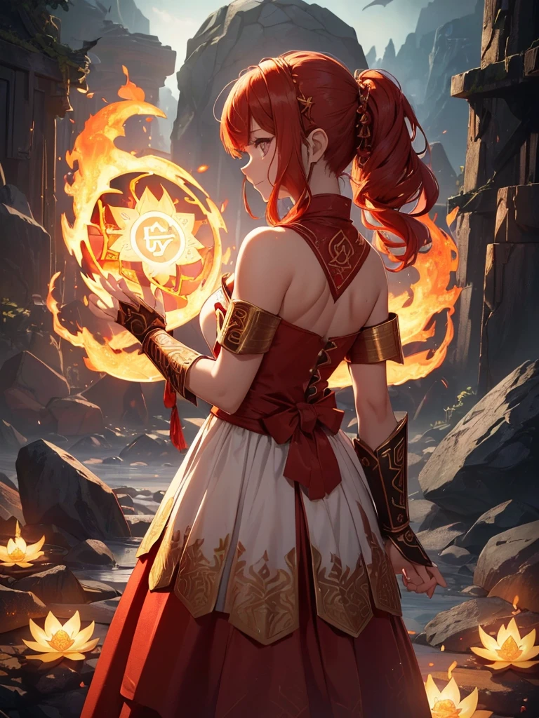 (((best quality, sharp image, clear image, cinematic lighting, 8k resolution, masterpiece, ultra detailed, intricate))) Girl, (((looking over shoulder))), shot from behind, ((half shot)), fire mage, cute, fiery red hair, pigtails in hair, (intricate dress), (white dress), ribbons in hair, smiling, fiery red, ((intricate Portal background)), ((fire magic)), candles, ((glowing runes on skin)), (flame patterns), ((fiery lotus flowers)), busy background., ((fire sigils)), (rock formations), Exploding rock, lavafalls, gauntlets, ((Red rubies)), busy background.
