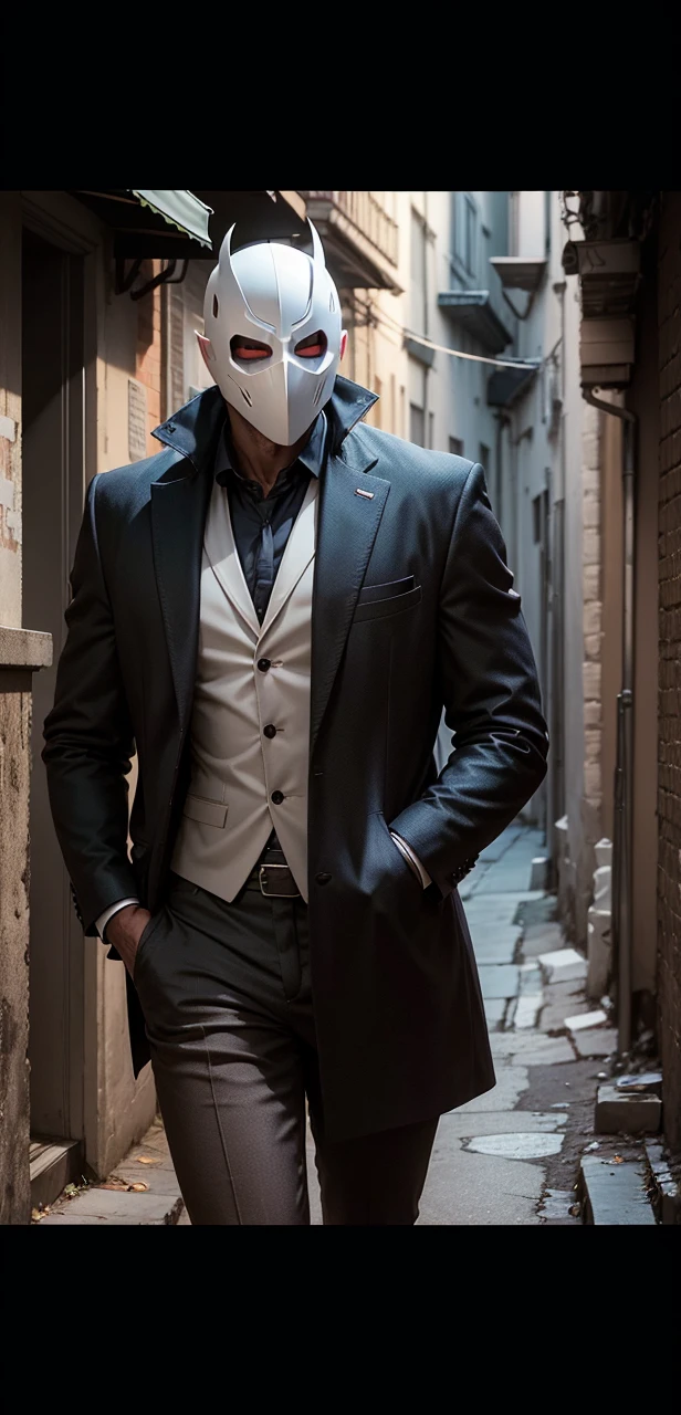 Man with white mask without contours. Horror at night in an alley.