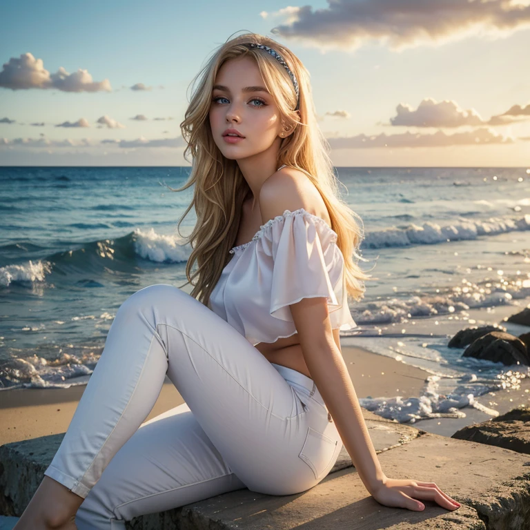 (​masterpiece, best quality:1.5), highest quality, High resolution, super detailed, Realists, Full body photo of a blonde 22 year old woman, detailed and beautiful eyes, beautiful detailed lips, very detailed eyes and face, longeyelashes, 22 year old woman in a chiffon top, Beautiful and colorful makeup, elegant and noble々Pose,shiny satin headband,, Beach and sea as background, bright daylight, bright colors, fine brushstrokes, Portrait style, beautiful color palette, glowing skin, First-class rendering, that captures every detail, enchanting atmosphere, (perfect anatomy:1.2), (The stunning woman wears a satin shirt and long tight white jeans (magnificent panorama view:1.2)