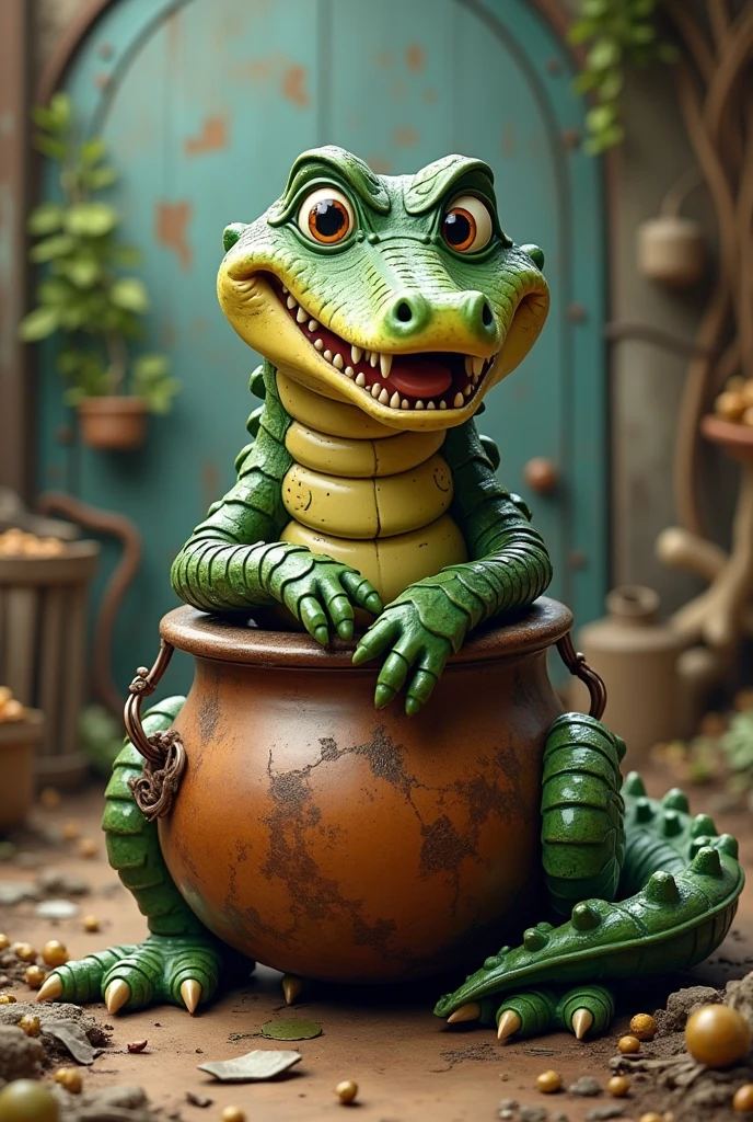 Create a cute image of an alligator made from recycled materials hugging a cauldron