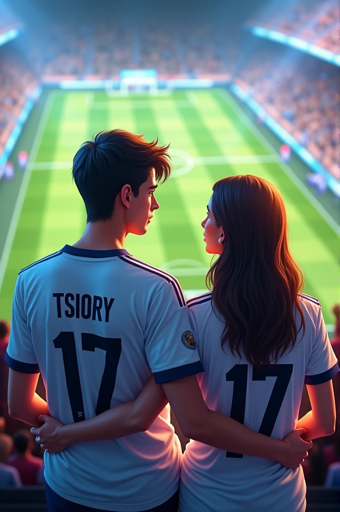 Deux amants, un jeune homme et une jeune femme, regardant un match de football et portant l'uniforme du Real Madrid avec les noms Tsiory (garçon) et Tsiory (fille) au dos, numéro 17