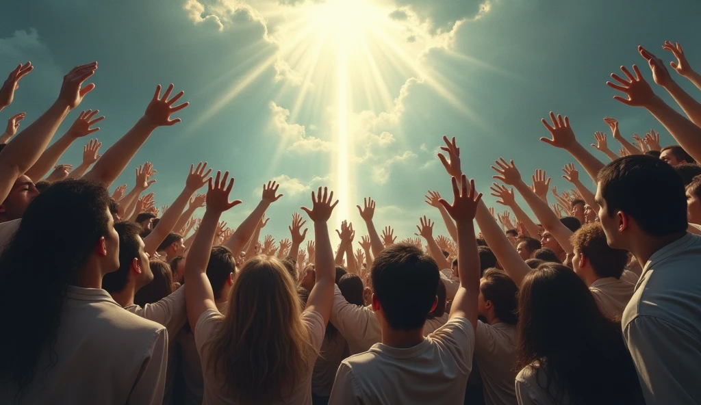 Create a powerful, emotionally charged image of desperate people trying to reach heaven. Show a motley crowd of individuals in a state of anguish and despair, reaching out or attempting to climb toward a bright, ethereal sky. Facial expressions should reflect a mix of hope, panic and determination. Heaven should be portrayed as a distant and unattainable destination, radiating light and a sense of divinity. The scene may include dramatic elements such as turbulent clouds, rays of light, and an environment that suggests an internal conflict or spiritual battle.