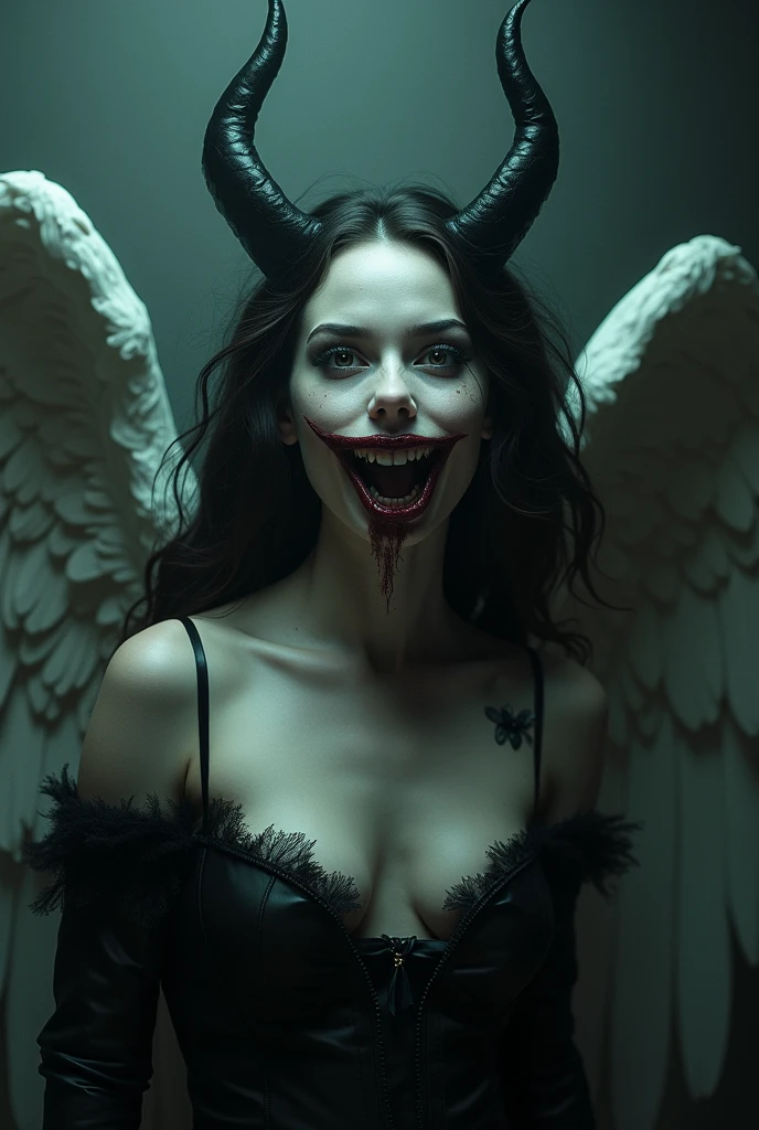 Woman with angel face devil costume very big mouth