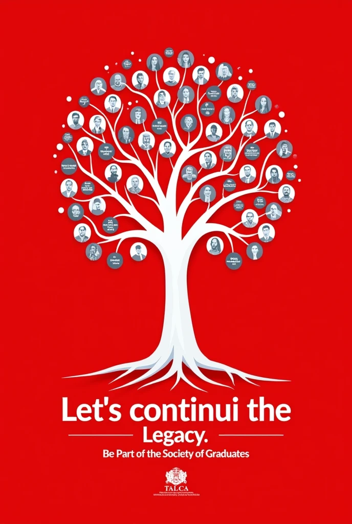 Main Image: A symbolic family tree representing generations of graduates, with the University of Talca at the root.
Featured Text: "Let's continue the Legacy. Be Part of the Society of Graduates."
colors: Red background with white and grey elements for the tree, with the text in black or white depending on contrast.
Visual Elements: Add names or pictures of alumni to the tree branches, representing the continuity of the community.