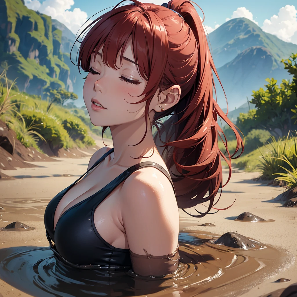 1girl, solo:1.5, masterpiece, best quality, high res, highly detailed, (illustration), beautiful detailed eyes, yuigahama yui, red hair ponytail, glossy lips, light makeup, orgasm, (looking up to the sky:1.5), intimate moment, sleeveless top, cleavage, (quicksand:1.4), (from side:1.4), bog, swampy, grassy, (eyes closed:1.3), gasping