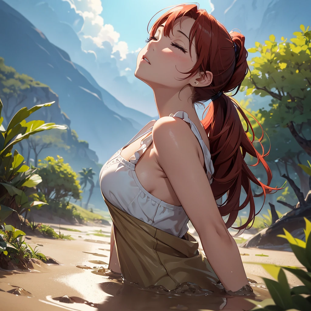 1girl, solo:1.5, masterpiece, best quality, high res, highly detailed, (illustration), beautiful detailed eyes, yuigahama yui, red hair ponytail, glossy lips, light makeup, orgasm, (looking up to the sky:1.5), intimate moment, sleeveless top, cleavage, (quicksand:1.4), (from side:1.4), bog, swampy, grassy, (eyes closed:1.3), gasping