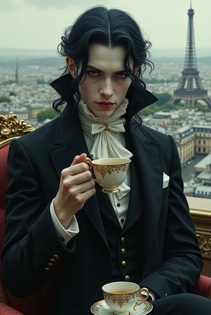 Victorian vampire with lead hair, drinking tea sitting with the city of Paris in the background