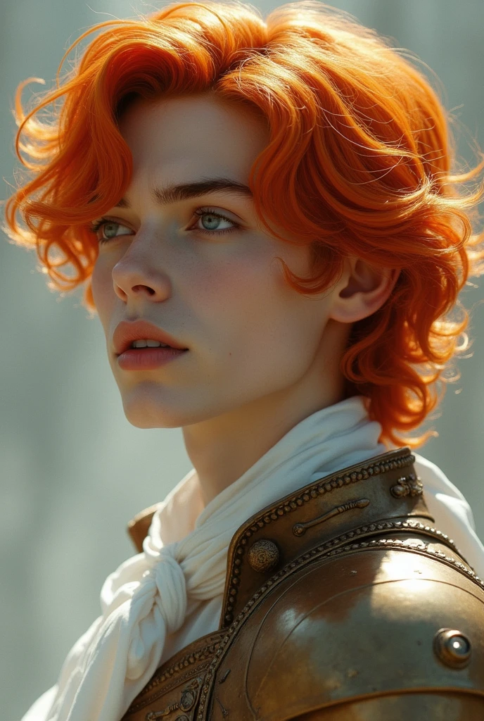 young. porcelain skin gray eyes like clouds. orange and wavy hair. silk fabrics and bronze armor. young man in profile, looking sideways.