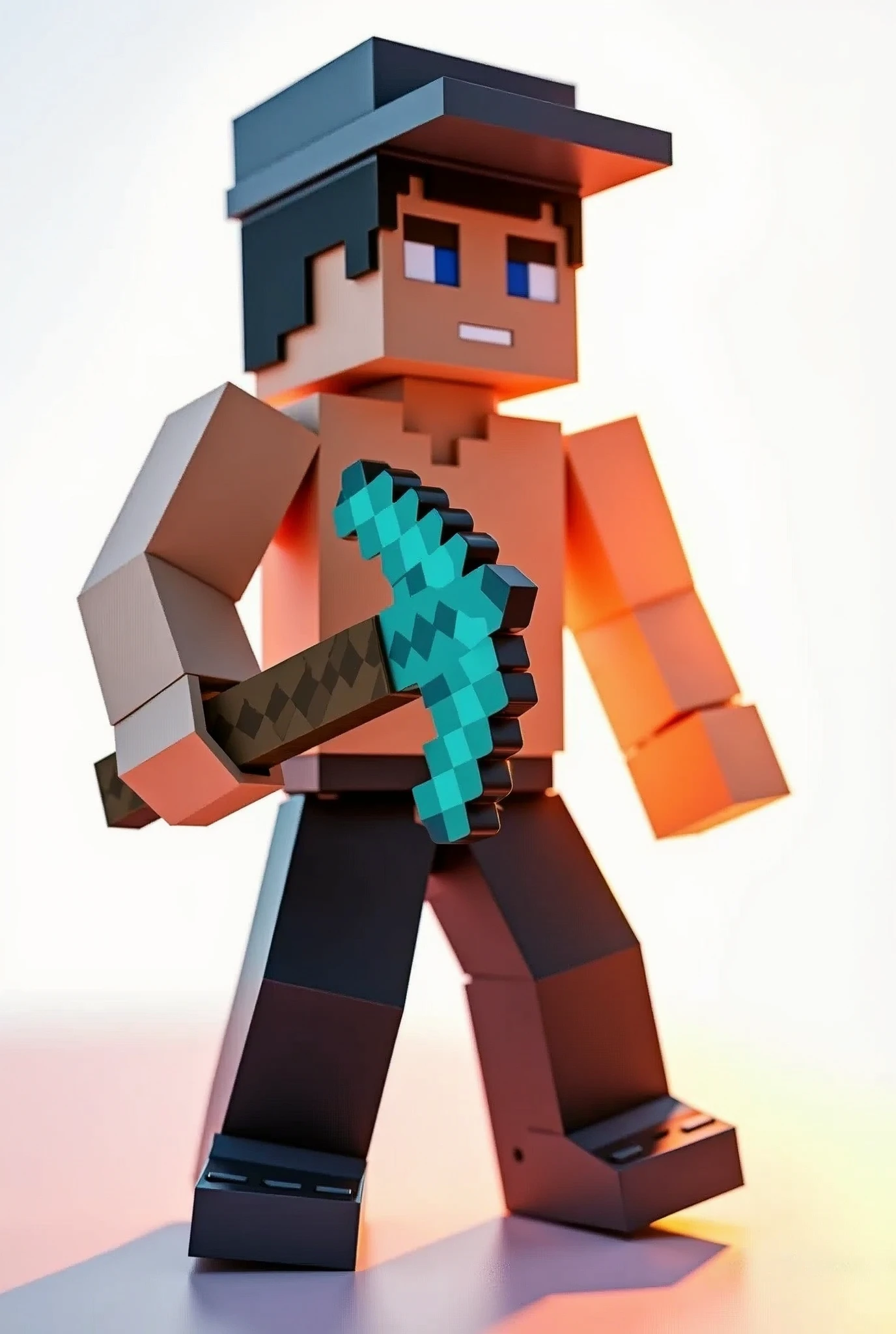 A Minecraft character standing Without a shirt or t-shirt holding a diamond pickaxe. A hat on his head. Wearing a black color pant with a nice shoe. Beautiful bright light. Minecraft character Close view. In a white background.