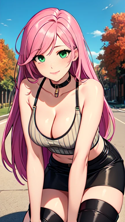 Masterpiece, raw, beautiful art, professional artist, 8k, art style by sciamano240, very detailed face, very detailed hair, 1 woman, perfectly drawn body, beautiful face, long hair, pink hair , very detailed green eyes , rosey cheeks, intricate details in eyes, playful smile, looking directly at viewer , in love with viewer expression, black chocker, lipstick, wearing cute fall clothes, ribbed light pink crop sweater, short black pencil skirt, thigh boots, crouched down, sunny day fall, cleavage, standing up