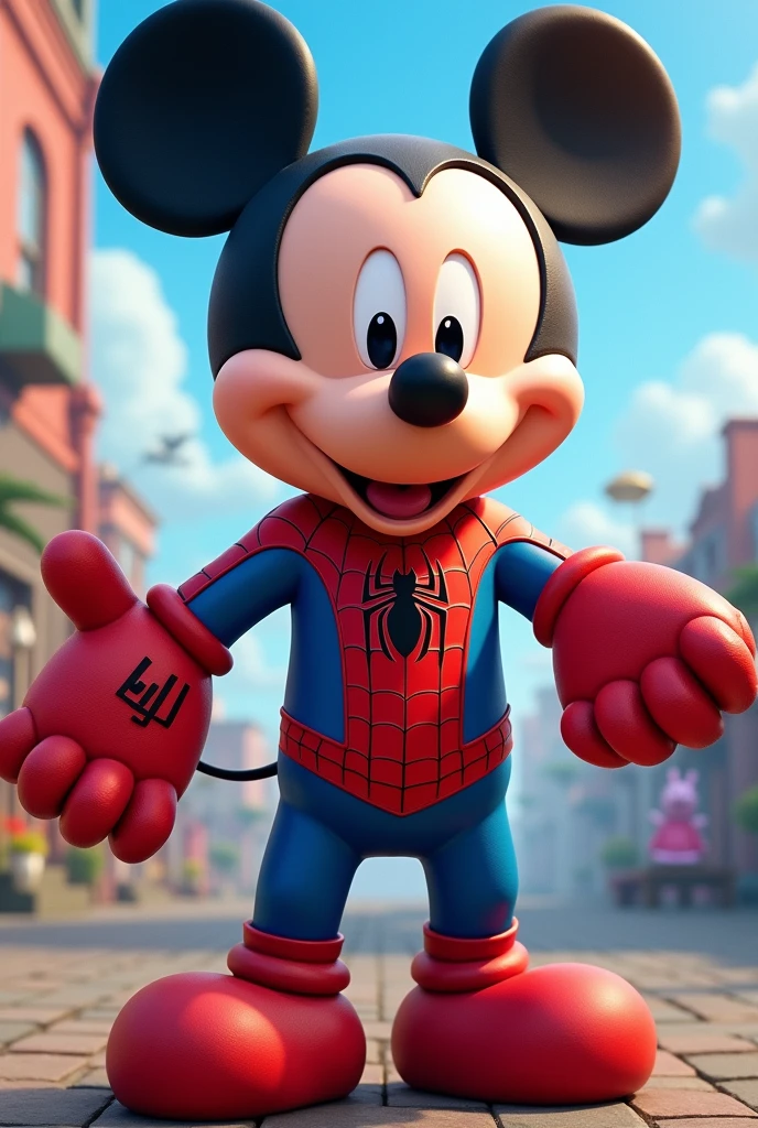 Mickey Mouse dressed as Spiderman with Peppa Pig's hands