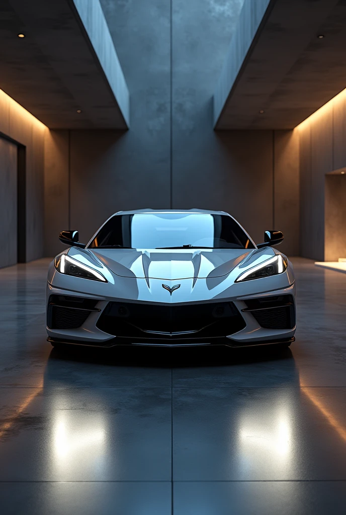 Make a corvette c8 front in a dark luxury garage