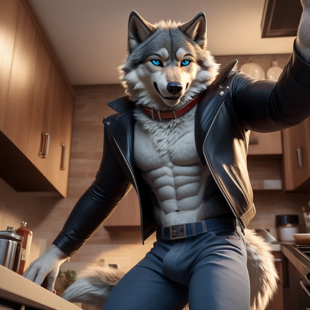 Sexy Posing, 1Male, 30 years old, cute, eyeliner, bedroom eyes, big grin, black leather jacket, anthro, wolf ears, wolf, kitchen background, 8k, hi res, (best quality, masterpiece), (wolf tail:1.5), detailed fur, solo, red collar, blue jeans, blue eyes. dynamic angle, ultra-detailed, realistic, Eating cheese, seductive 