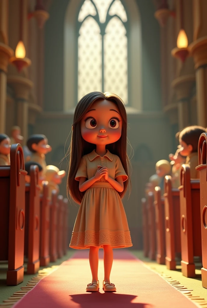 Untitled 3D post inspired by Disney/ Pixar of a young girl , long straight brunette hair, black, Oval face, rented nose, dressed as a church acolyte