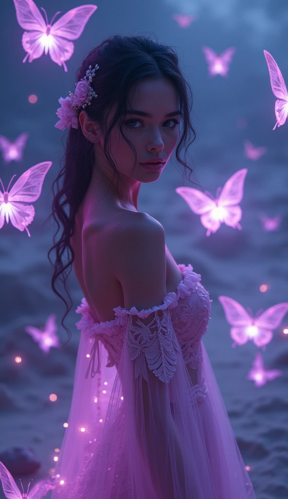 realistic, photorealistic, Masterpiece, absurdres, fine detail, HDR, detailed hand anatomy, highly detailed face and eyes, (8k, best quality, masterpiece:1.2), ultra-detailed, extremely detailed cg 8k wallpaper,fashion,(crystalstexture skin:1.2),(extremely delicate and beautiful),(masterpiece, best quality:1.2),1girl, 独奏, narrow waist, wide hips, (large breasts:1.2),long hair, (looking at viewer:1.2), natural lighting, fantasy, dreamlike, unreal, science fiction, detail, delicate pattern, charming, alluring, enchanting,  hair ornament, fairydoctor, full body, dream, purple butterflies, glowing butterflies, night, (((beach))), (neon butterflies:1.1), purple neon butterflies walking on the beach，Ultra high-definition wallpaper