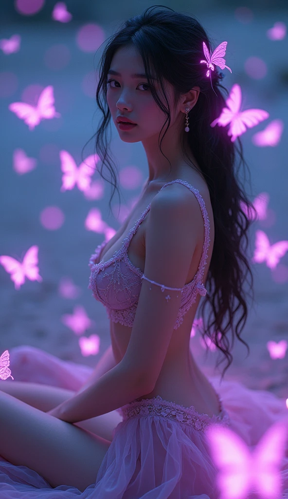 realistic, photorealistic, Masterpiece, absurdres, fine detail, HDR, detailed hand anatomy, highly detailed face and eyes, (8k, best quality, masterpiece:1.2), ultra-detailed, extremely detailed cg 8k wallpaper,fashion,(crystalstexture skin:1.2),(extremely delicate and beautiful),(masterpiece, best quality:1.2),1girl, solo, narrow waist, wide hips, (large breasts:1.2),long hair, (looking at viewer:1.2), natural lighting, fantasy, dreamlike, unreal, science fiction, detail, delicate pattern, charming, alluring, enchanting, hair ornament, fairydoctor, full body, dream, purple butterflies, glowing butterflies, night, (((beach))), (neon butterflies:1.1), purple neon butterflies