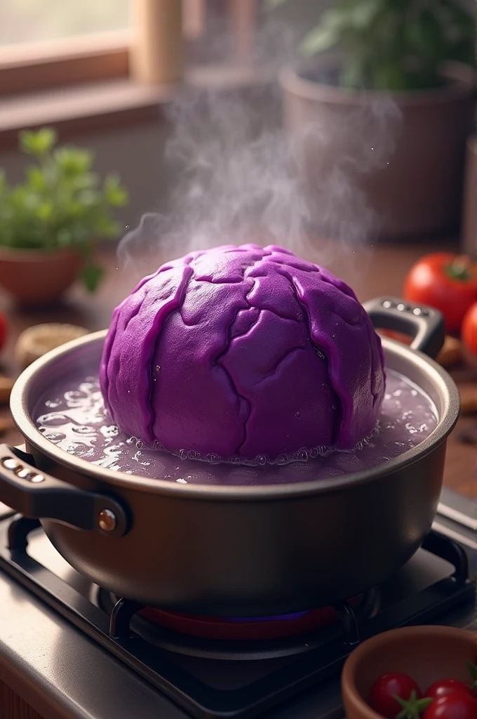 A purple cabbage boiling in a pot