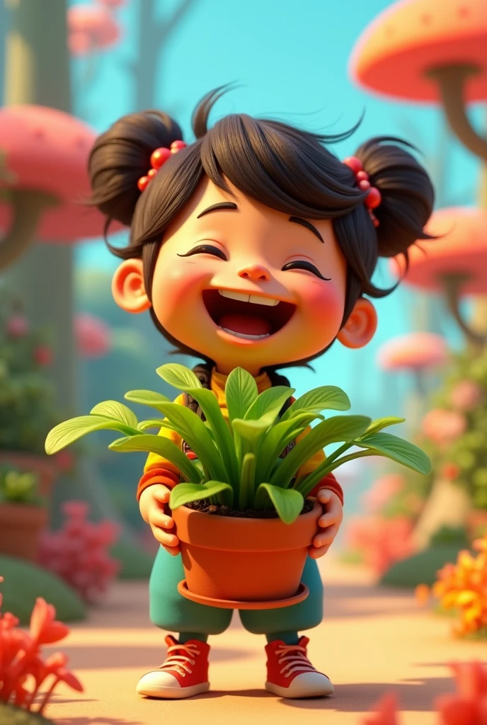 Animated character Joy from the movie Intensely carrying a plant in his hands