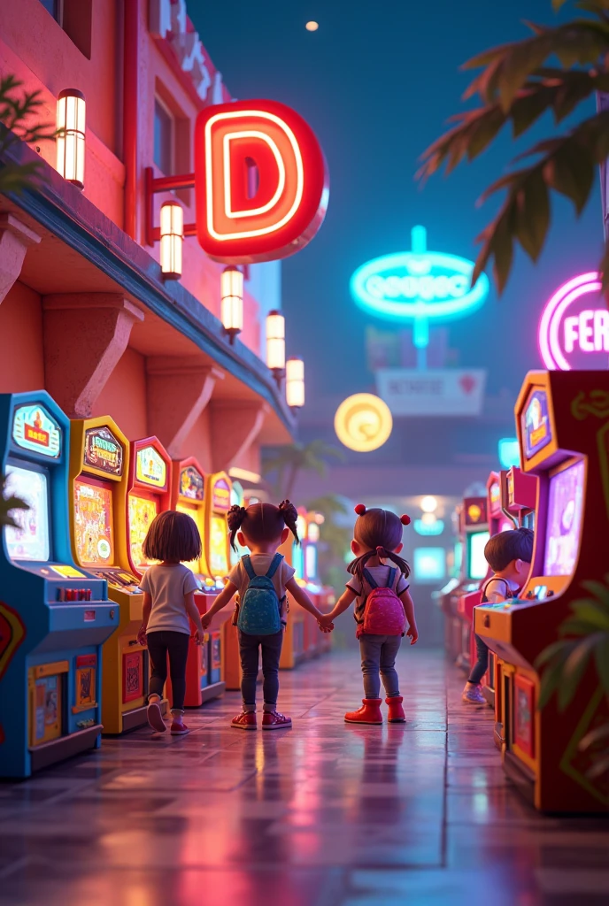 An arcade like pizza planet with a D hanging on it