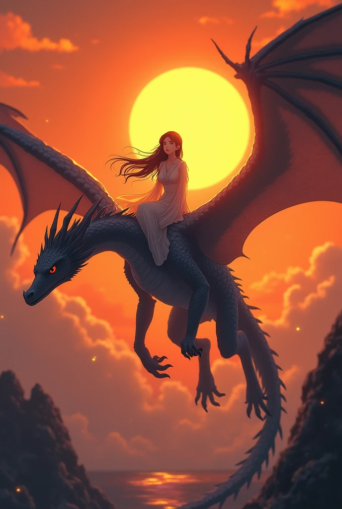 Generate an image, anime style,inspired by the song "Eight" of IU and Suga in which there is a dark-haired woman, riding a grey dragon with its wings spread out in front of the orange sun
