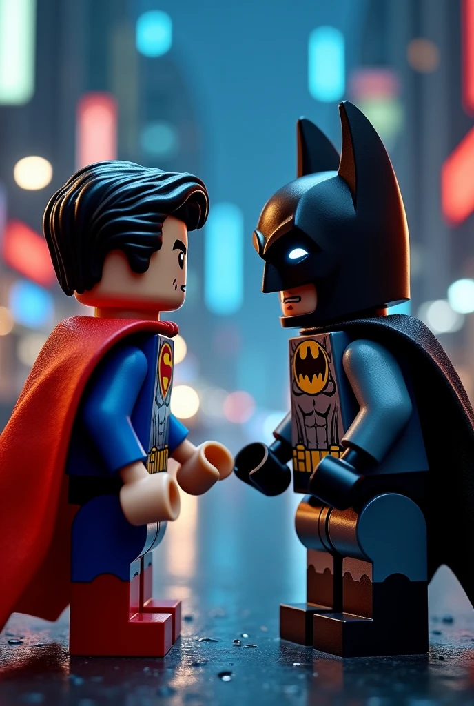 Superman and Batman in lego art, night