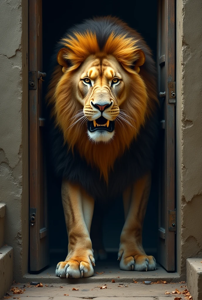 Lion coming out of a half-open door 
