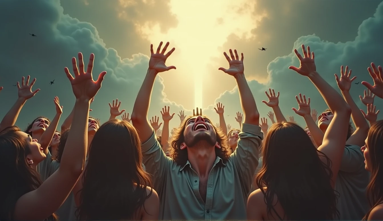 Create a powerful, emotionally charged image of desperate people trying to reach heaven. Show a motley crowd of individuals in a state of anguish and despair, reaching out or attempting to climb toward a bright, ethereal sky. Facial expressions should reflect a mix of hope, panic and determination. Heaven should be portrayed as a distant and unattainable destination, radiating light and a sense of divinity. The scene may include dramatic elements such as turbulent clouds, rays of light, and an environment that suggests an internal conflict or spiritual battle.